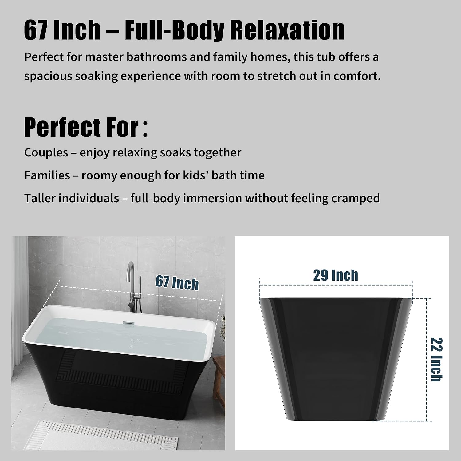Freestanding Bathtub 67 inch Black and White Acrylic Tub, Deep Soaking Modern Bath for Bathroom Remodel and Home Spa Relaxing Comfort