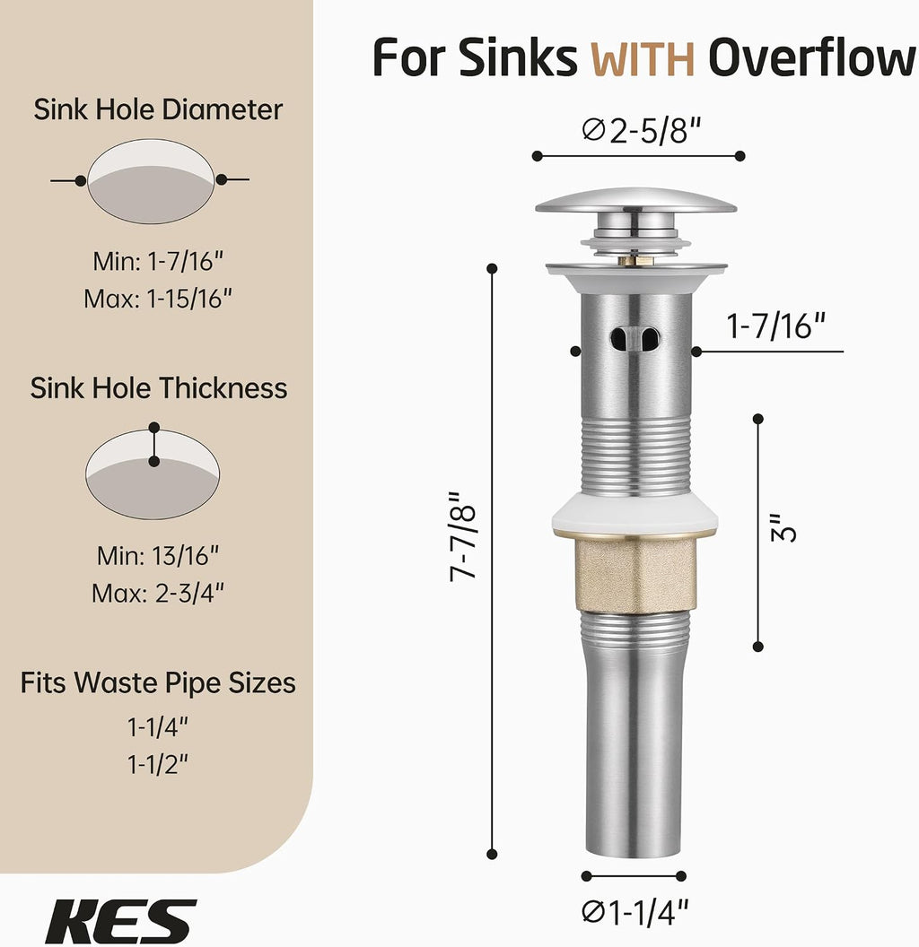 KES Bathtub Shower Faucet Set with Waterfall Tub Spout Bathroom Sink Drain with Strainer Basket Hair Catcher, XBN6305-BN+S2013A-BN-NEW