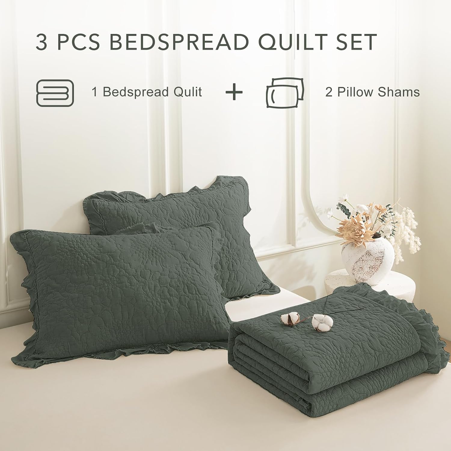 QSH Dark Green Oversized King Quilt Bedspread Set(128'x120'),3PCs Stonewashed Cotton Farmhouse Ruffled Bedspread California King,Shabby Soft Lightweight Crinkled Quilt Coverlet Bed with Pillow Shams