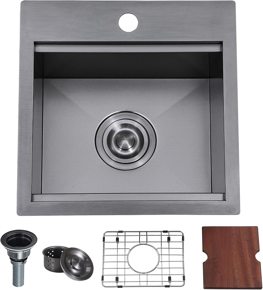 VAPSINT 15x15 Inch Black Bar Sink, Drop In Bar Sink Workstation Top Mount Single Bowl Small Bar Sink, Stainless Steel Handmade Gunmetal Black Small Kitchen sink with Grid & Cutting Board