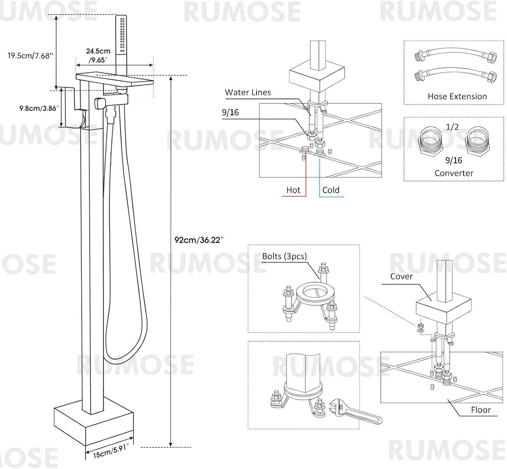RUMOSE Brushed Nickel Bathtub Filler Freestanding Tub Filler Floor Mount Tub Faucet Waterfall Bathtub Faucet with CUPC Certified High Flow Brass Bath Shower Faucets with Handheld Sprayer