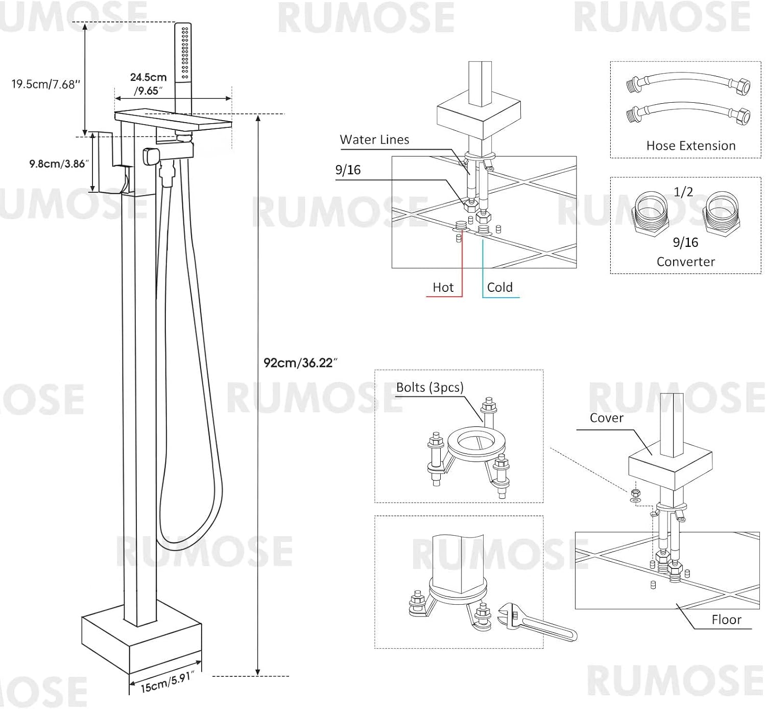 RUMOSE Brushed Nickel Bathtub Filler Freestanding Tub Filler Floor Mount Tub Faucet Waterfall Bathtub Faucet with CUPC Certified High Flow Brass Bath Shower Faucets with Handheld Sprayer