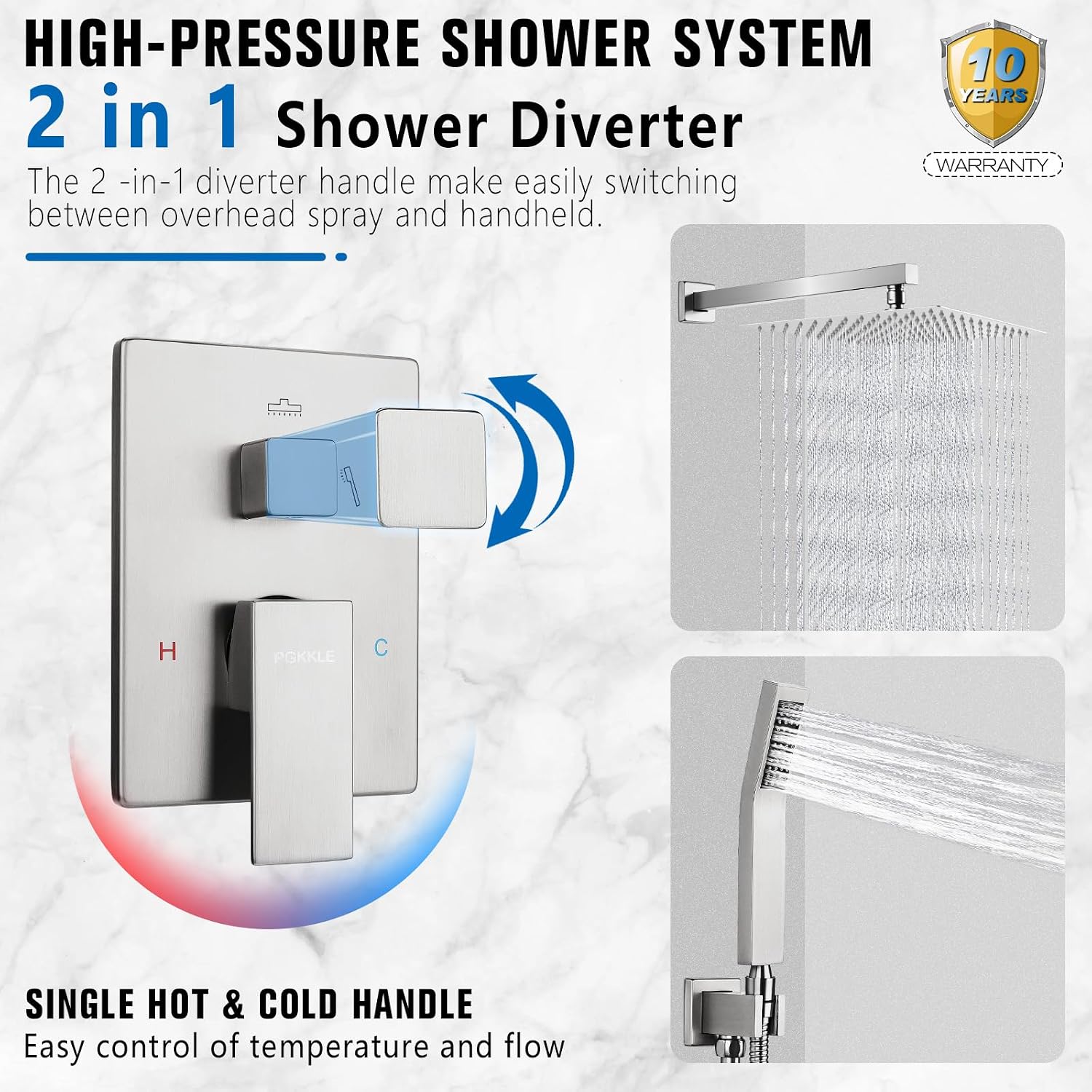 10 Inch Rainfall Shower System - Wall Mounted Complete Combo with Solid Brass Pressure Balancing Valve, High Pressure Shower Head, Handle Set & Installation Accessories Nickel