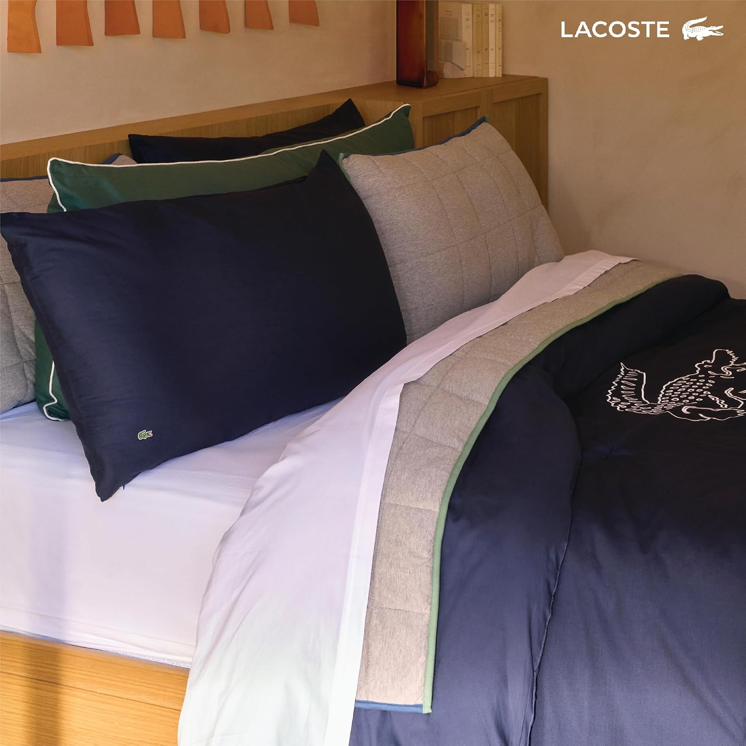 Lacoste Big Croc Comforter Set – 100% Cotton Percale 180-Thread Count, Reversible Duvet & Pillow Shams, Soft Breathable, Iconic Croc Logo, Navy, King