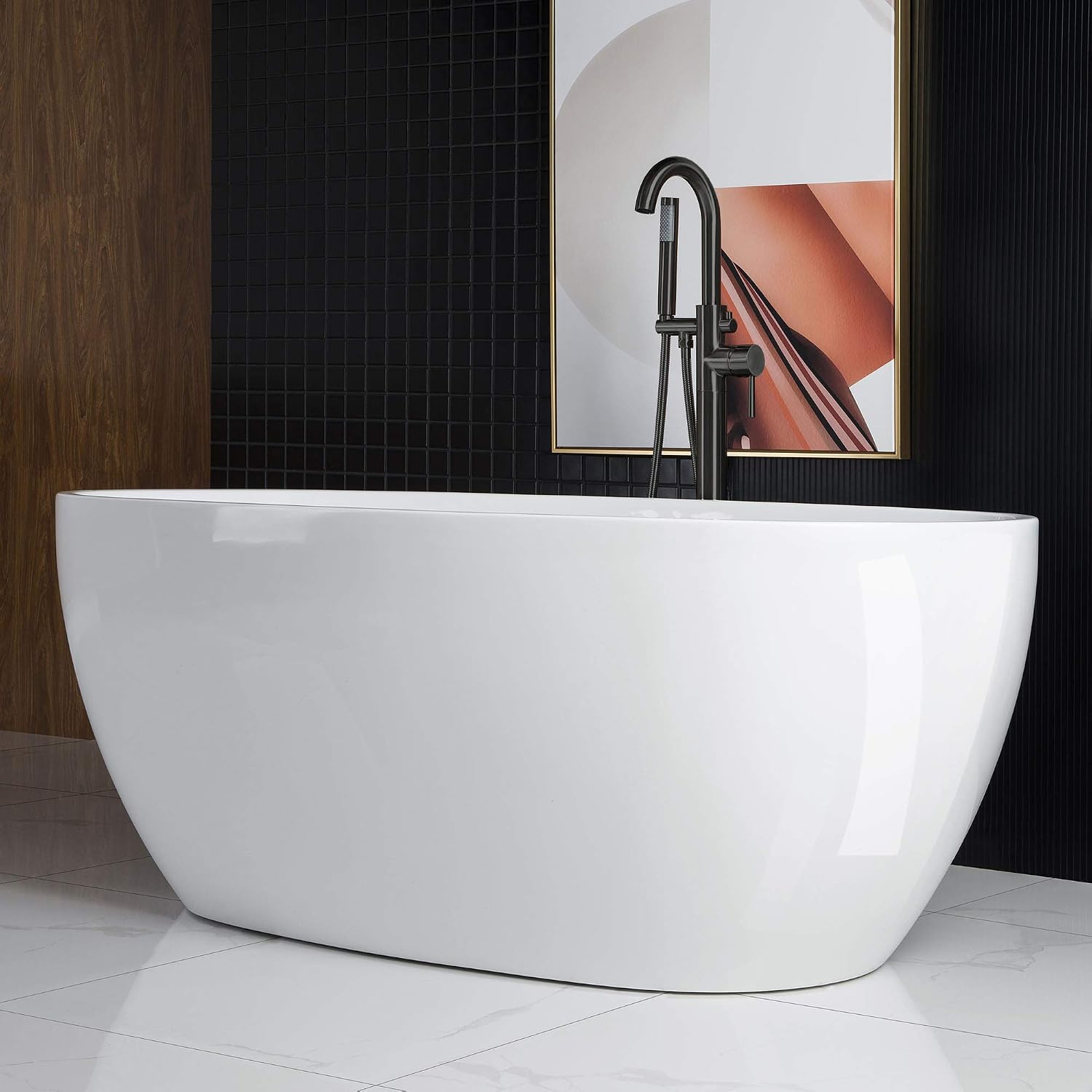 WOODBRIDGE 67' Acrylic Freestanding Bathtub Contemporary Soaking White Tub with Matte Black Overflow and Drain， B0028 -MB-Drain &O
