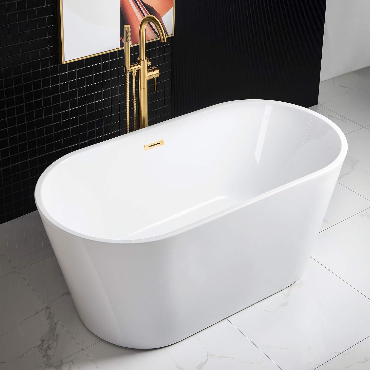 WOODBRIDGE 59' Acrylic Freestanding Bathtub Contemporary Soaking White Tub with Brushed Gold Overflow and Drain，B0014-BG