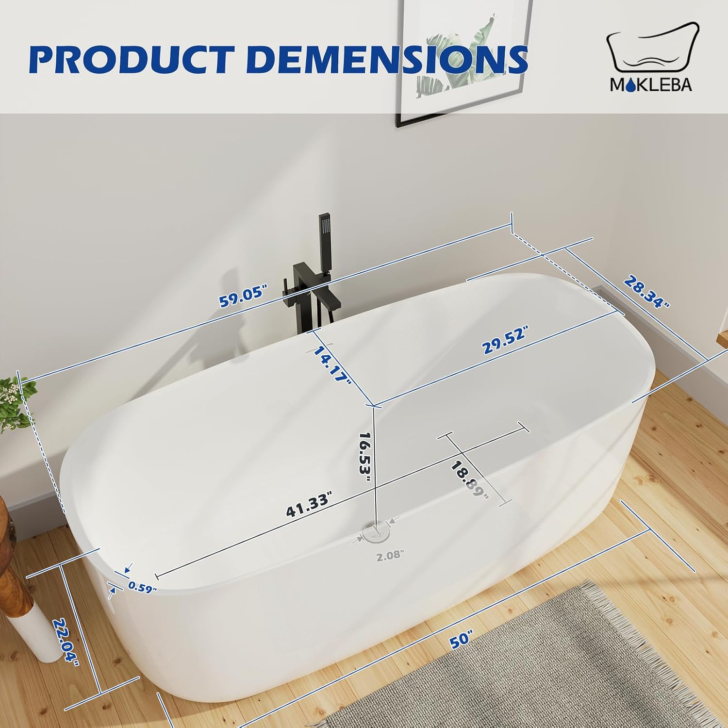59' Lucite Acrylic Freestanding Bathtub, Rectangular Shape Contemporary Soaking Tub with Toe-tap Chrome Center Drain, Slotted Overflow, cUPC Certified, Glossy White