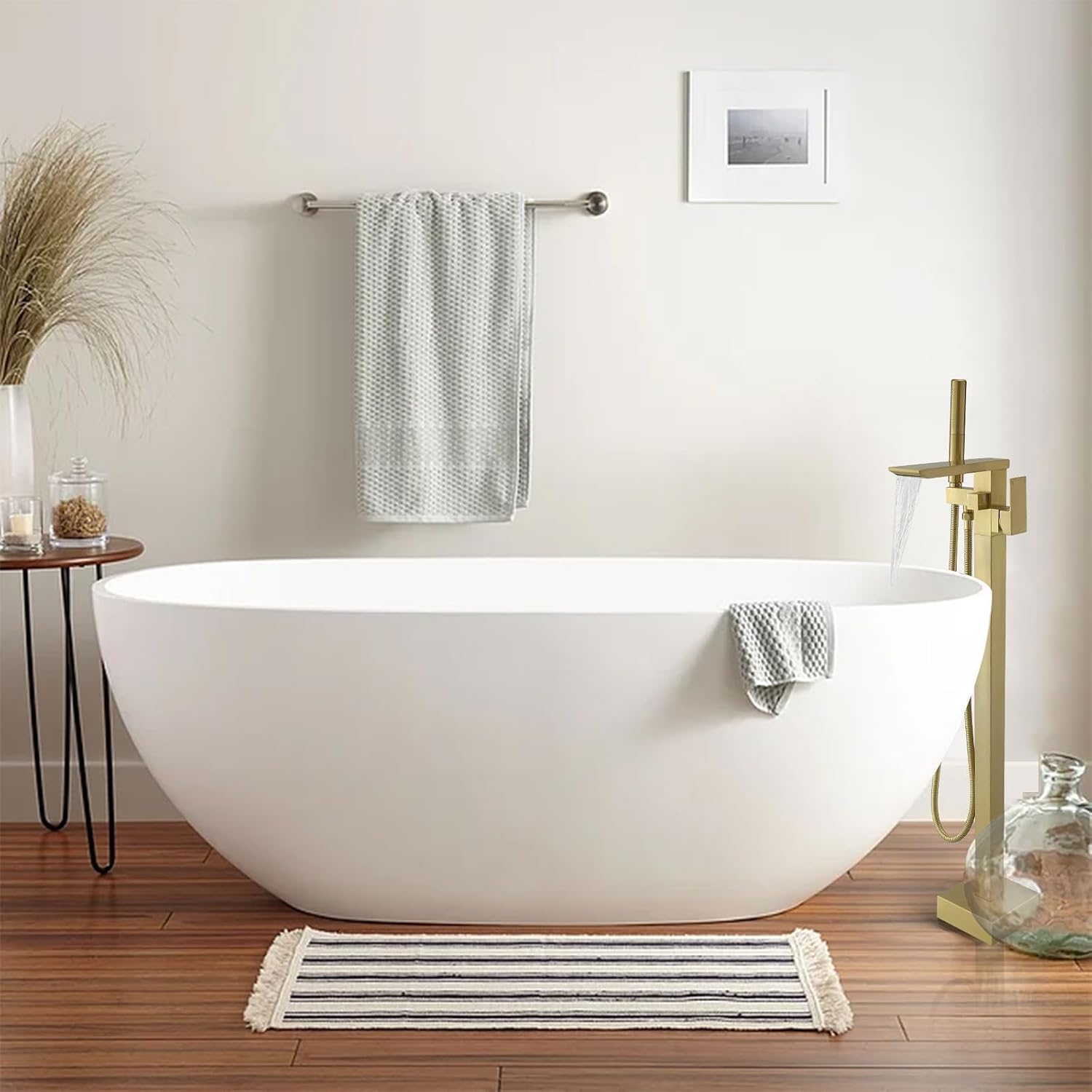 RUMOSE Brushed Gold Bathtub Filler Freestanding Tub Filler Floor Mount Tub Faucet Waterfall Bathtub Faucet with CUPC Certified High Flow Brass Bath Shower Faucets with Handheld Sprayer