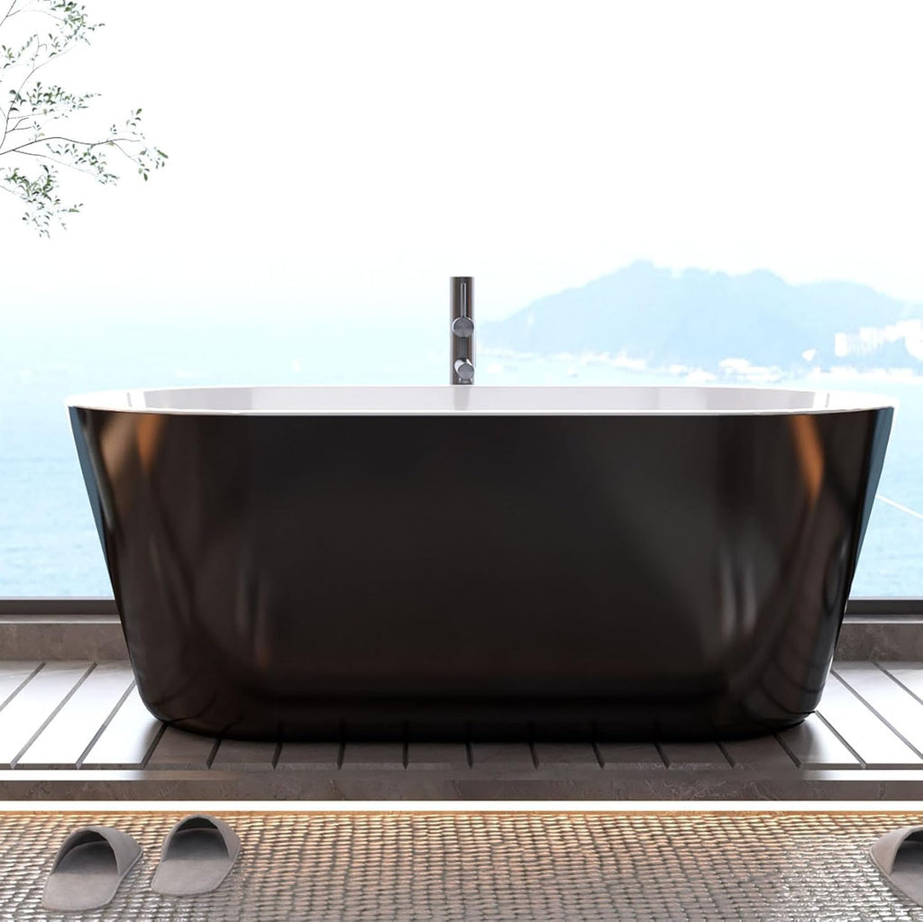 Freestanding Bathtub 59 inch Black and White Acrylic Soaking Tub with Chrome Drain and Overflow, Modern Spa Bath for Bathroom Renovation and Relaxing Home Use