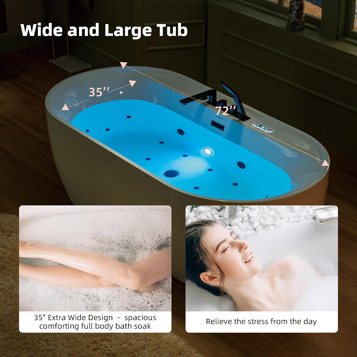 WOODBRIDGE 72' x 35-3/8' Whirlpool and Air Bath Heated Soaking Combination Tub with Adjustable Speed Air Blower, Tub Filler, and LED control panel, Matte Black Finish Trim and Drain Kit, BM500+F0051MB