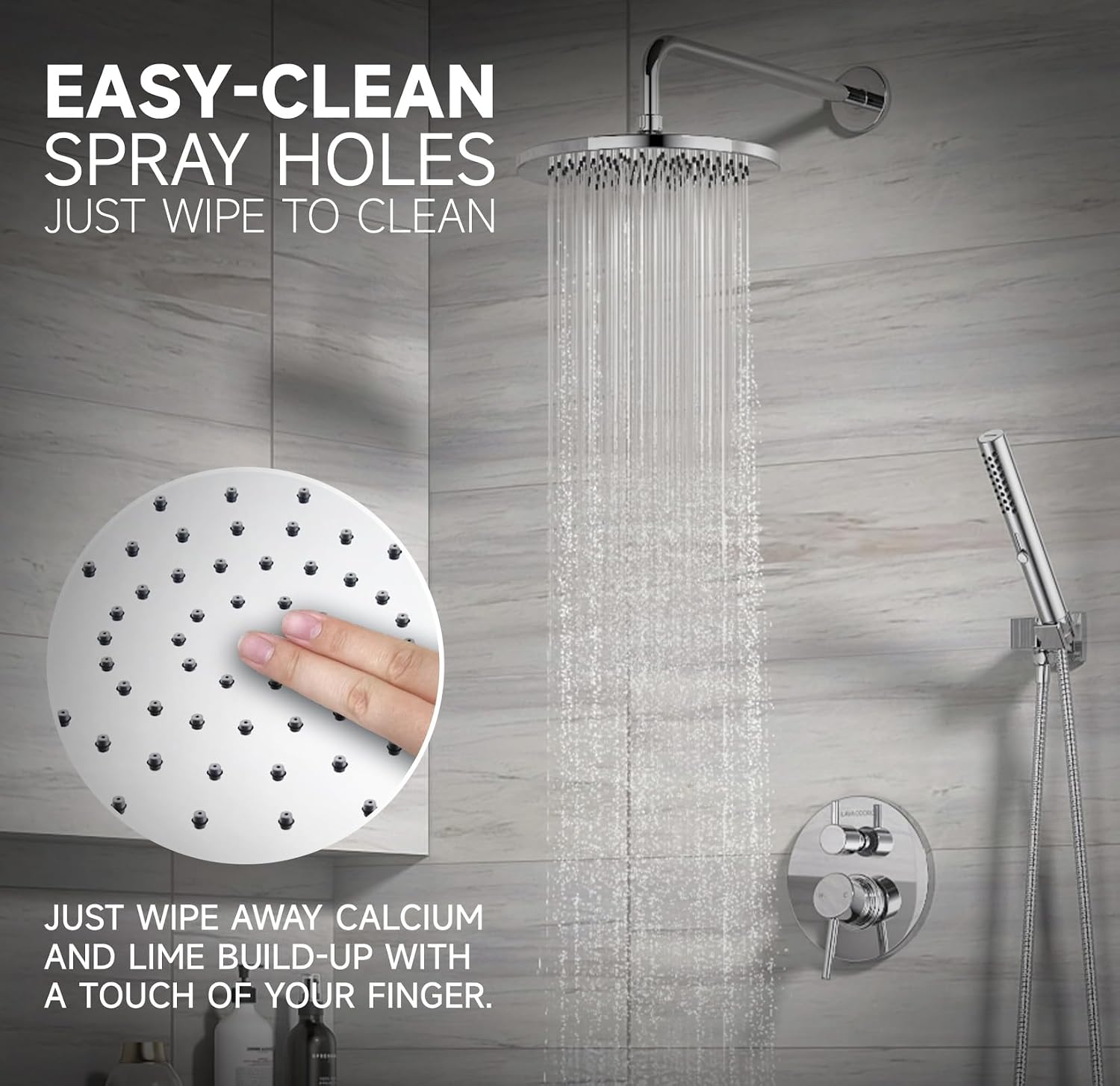 Lava Odoro Modern 3-Setting Round Rain Bathtub and Shower Faucet Set, Chrome Rainfall Shower Head and Handle Set, Rain Shower System with Tub Spout, Shower Valve Trim Kit, Chrome, SF104-C-T