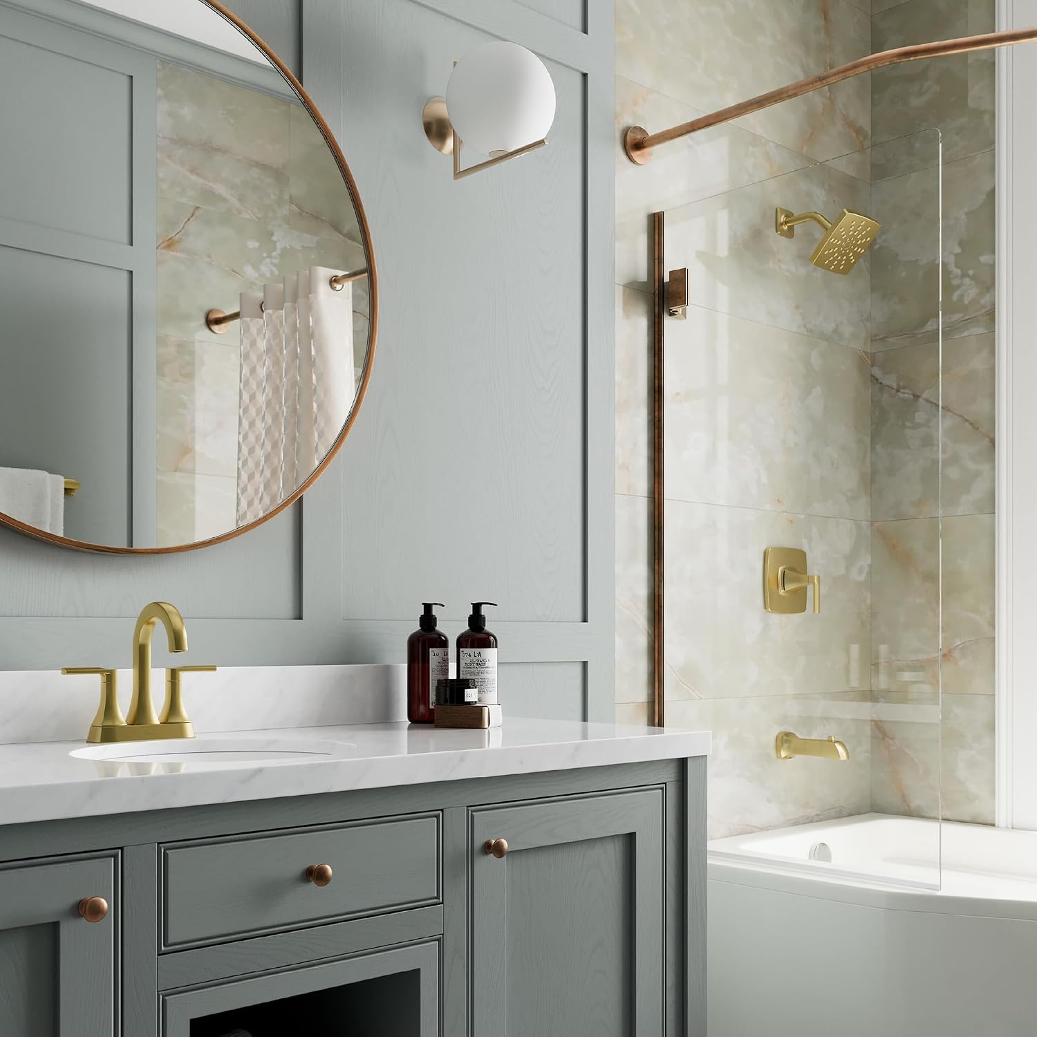 Pfister Vaneri Tub and Shower Faucet Set with Valve Single Handle Brushed Gold Finish Complete Trim Kit Push Button Diverter WaterSense Certified Bathroom Fixtures 8P8WS2VRISBG