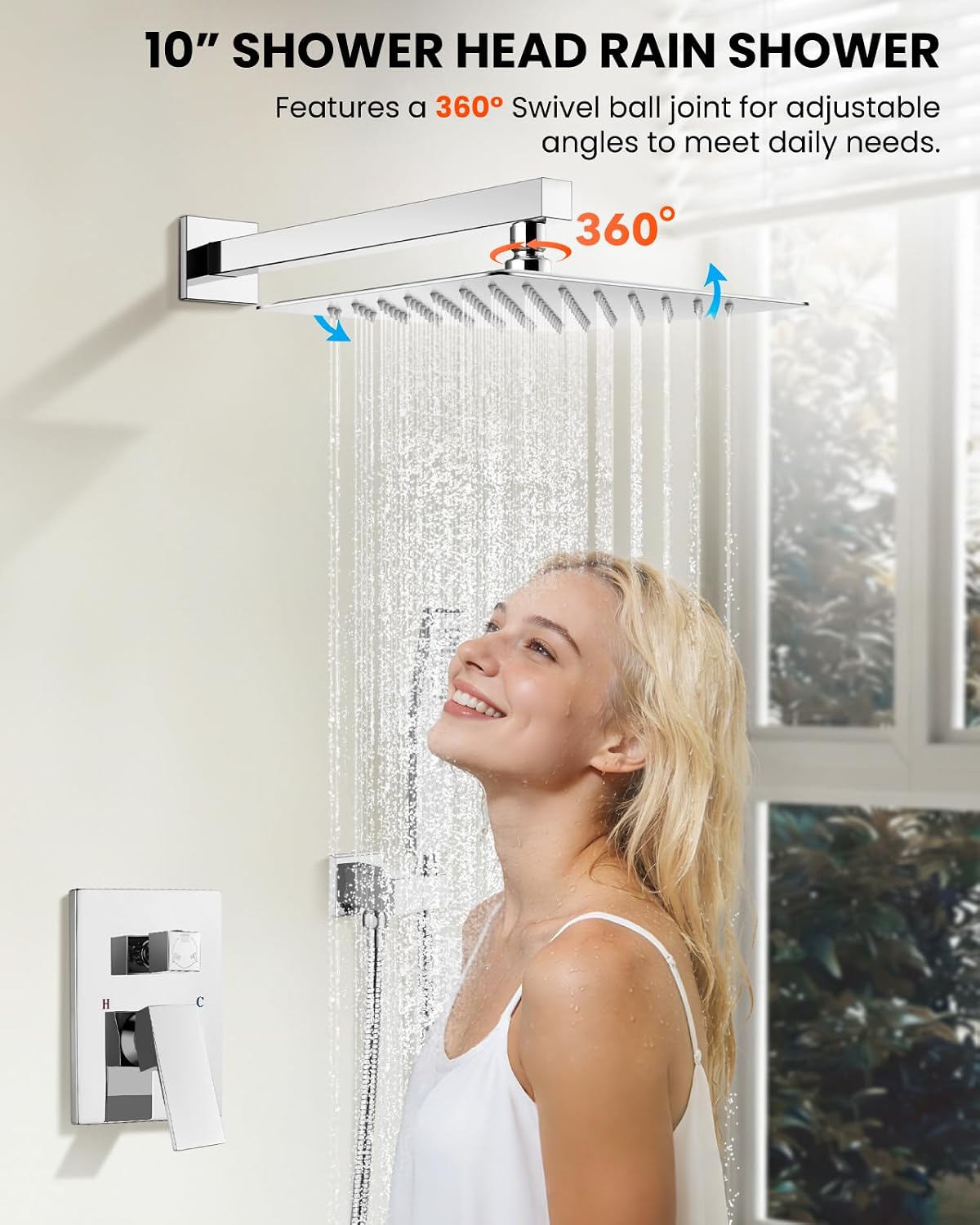 gotonovo Shower System with Tub Spout,Waterfall Tub Shower Faucet Set for Bathroom Head and Handle Set Wall Mounted 3 Function Rough-in Valve and Trim Included 10 inch Shower Head Polished Chrome