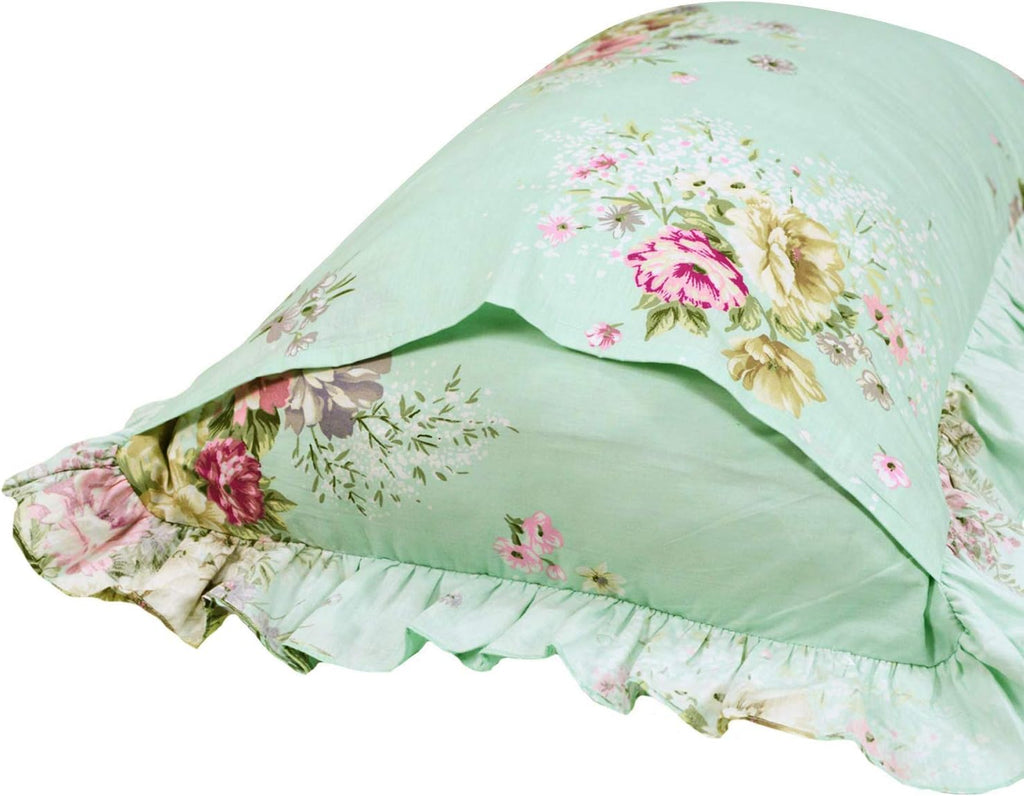 FADFAY Shabby Green Floral Bedding 100% Cotton Princess Lace Ruffle Girls Duvet Cover Set with Bedskirt, 4Pcs, Queen Size