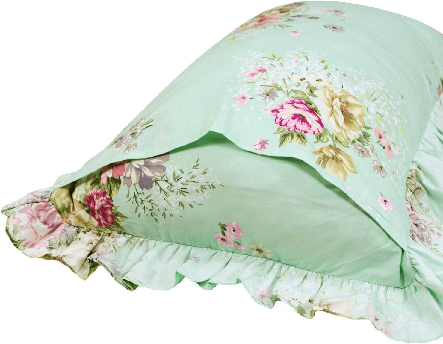 FADFAY Shabby Green Floral Bedding 100% Cotton Princess Lace Ruffle Girls Duvet Cover Set with Bedskirt, 4Pcs, Queen Size