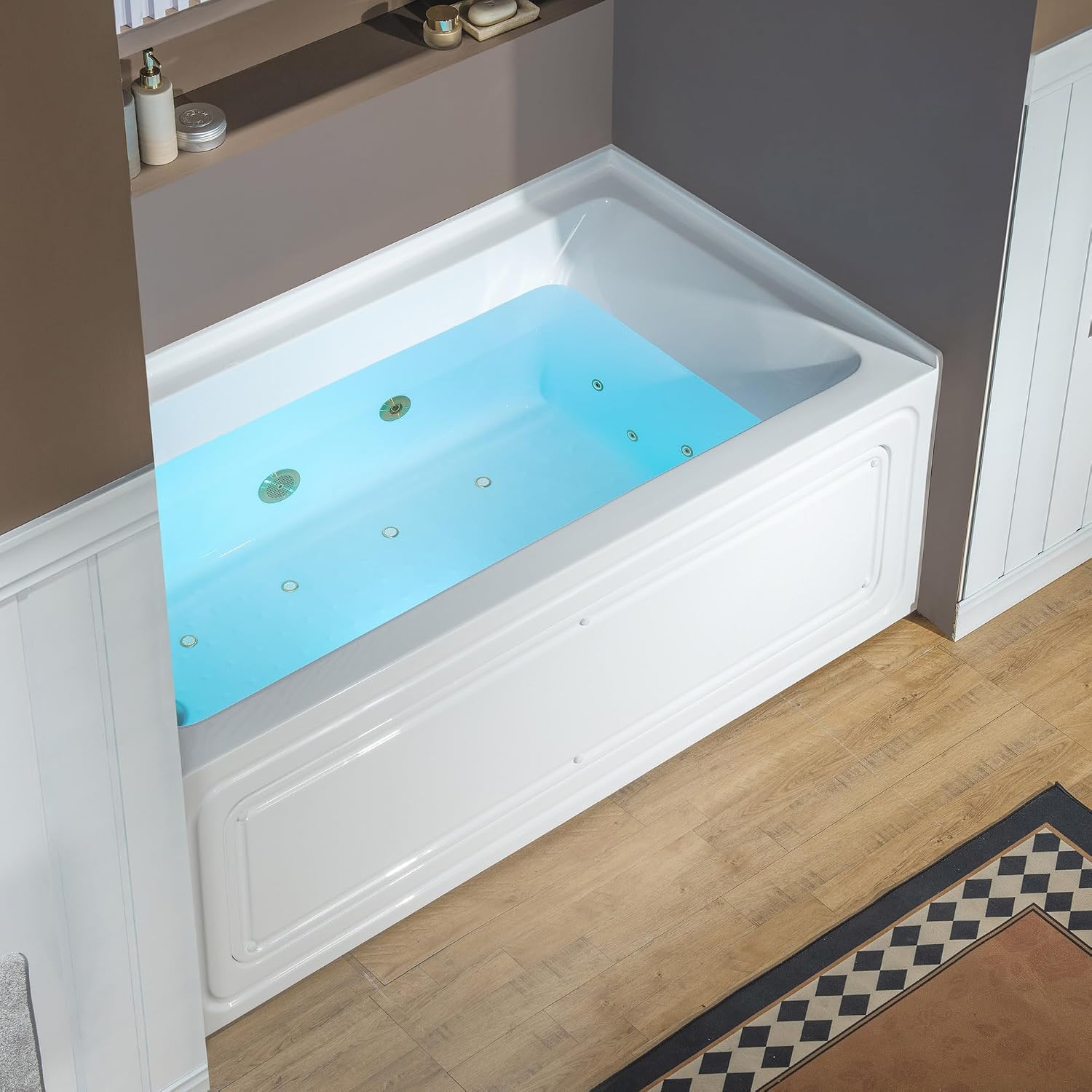 WOODBRIDGE 60' x 32' Alcove Acrylic Rectangular Whirlpool and Air Heated Tub in White with Left Drain, Brushed Gold Finish Trim and Drain Kit Included, DF606-L-BG03