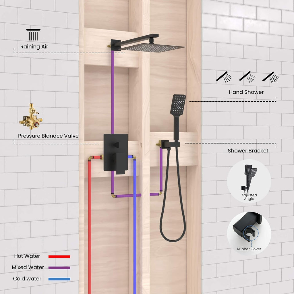 KIBI Cube Bathroom Shower System | 2-Function Wall Mounted Shower Faucet Set with Solid Brass Pressure Balanced Valve | Three Hand Shower Modes | 15-inch Long Shower Arm | Matte Black (KSF405)