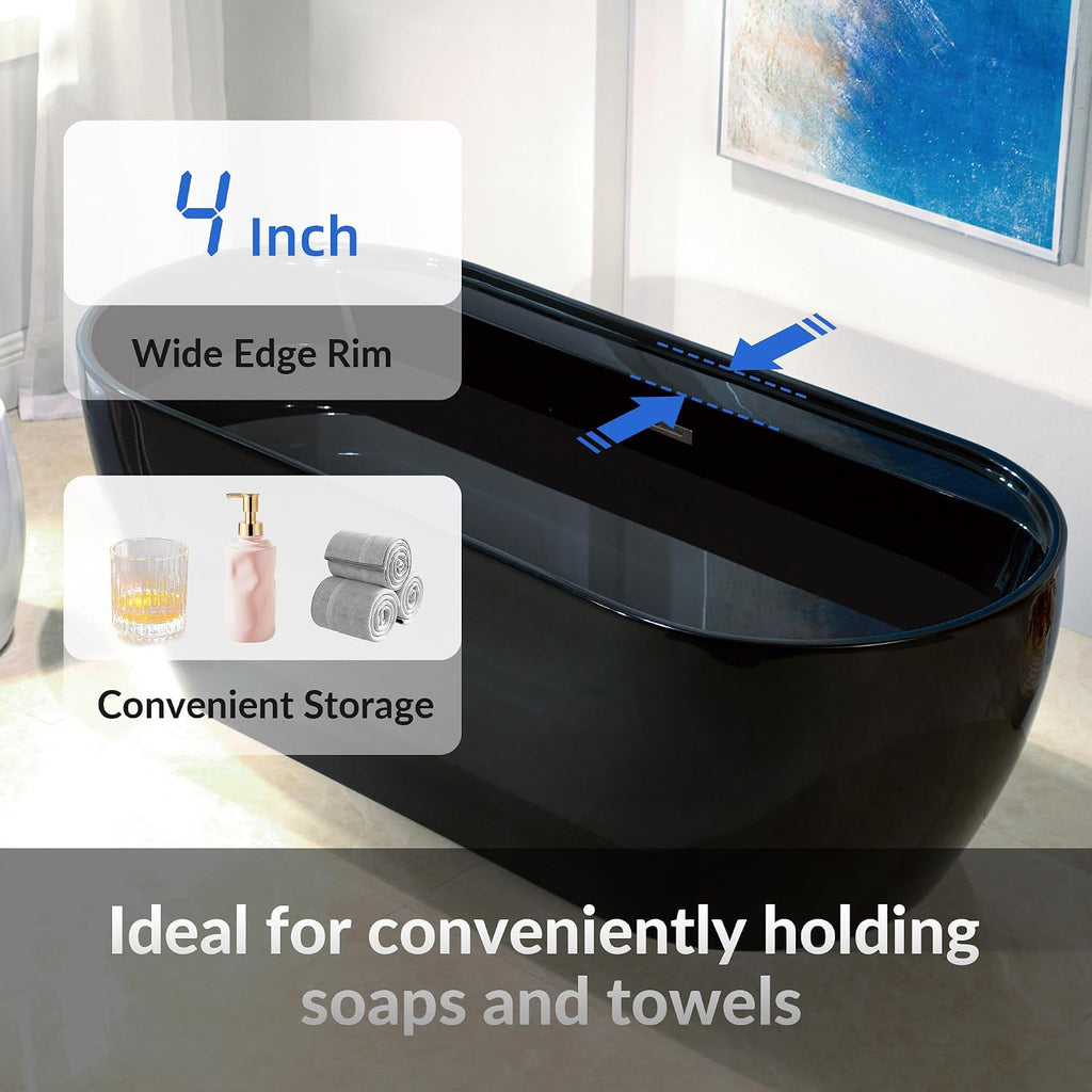 WOODBRIDGE 72' L x 35-3/8' W Freestanding Contemporary Acrylic Soaking Bathtub in Glossy Black Inside and Outside with Brushed Nickel Drain & Overflow,B8859-BN
