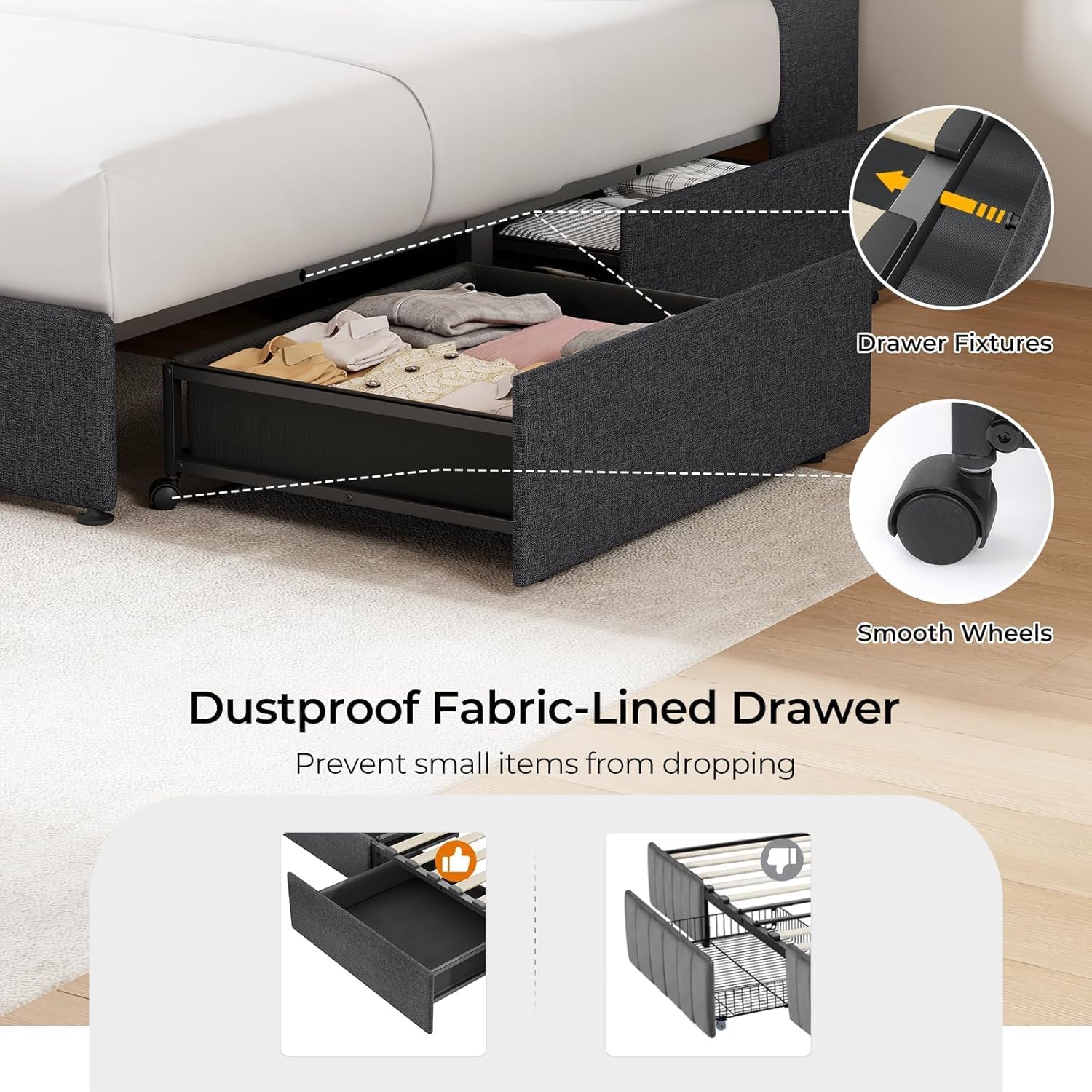koorlian Full Size Upholstered Bed Frame with 2-Tier Storage Headboard and 4 Dustproof Drawers, 51'' Tall LED Platform Bed Frames with Adjustable Headboard, USB/Type-C Charging and Side Storage, Grey