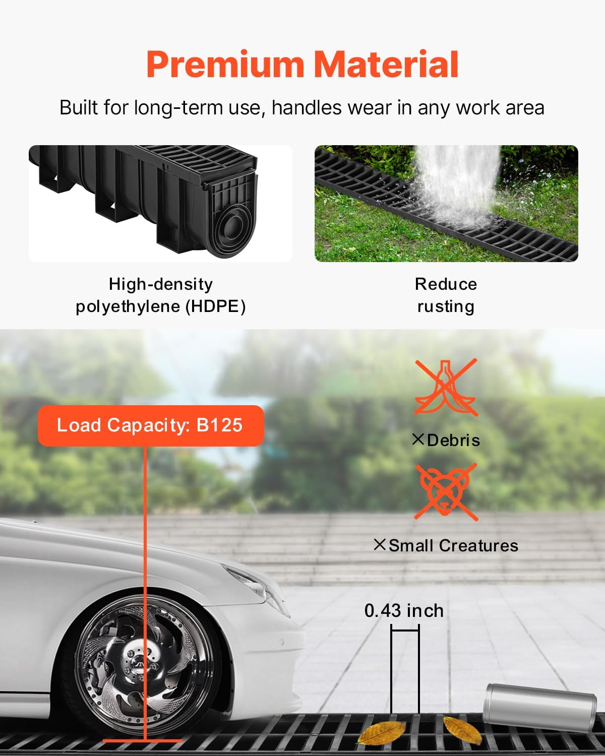 VEVOR Trench Drain System 5 Pack, Channel Drain with Plastic Grate 5.9 x 7.5 in HDPE Drainage Trench, Black Plastic Garage Floor Waterway 5 x 39 in with 5 End Caps for Garden Driveway