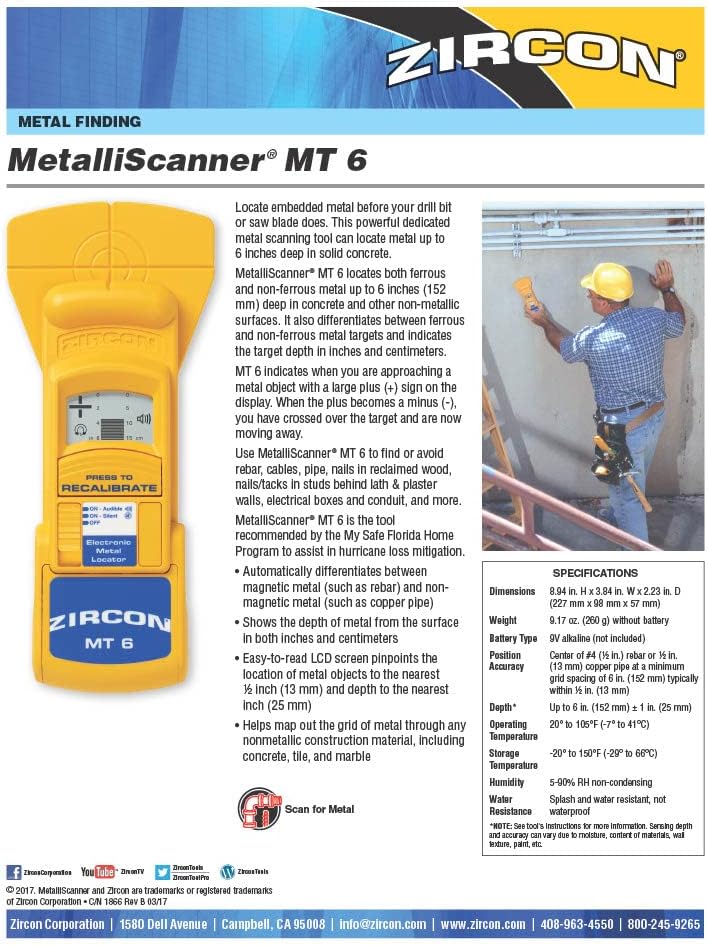 Zircon MetalliScanner MT6 Professional Metal Detector – Deep-Scanning Handheld Metal Locator for Ferrous and Non-Ferrous Metals – Detects Pipes, Rebar, and Studs in Walls, Floors, and Concrete, Yellow