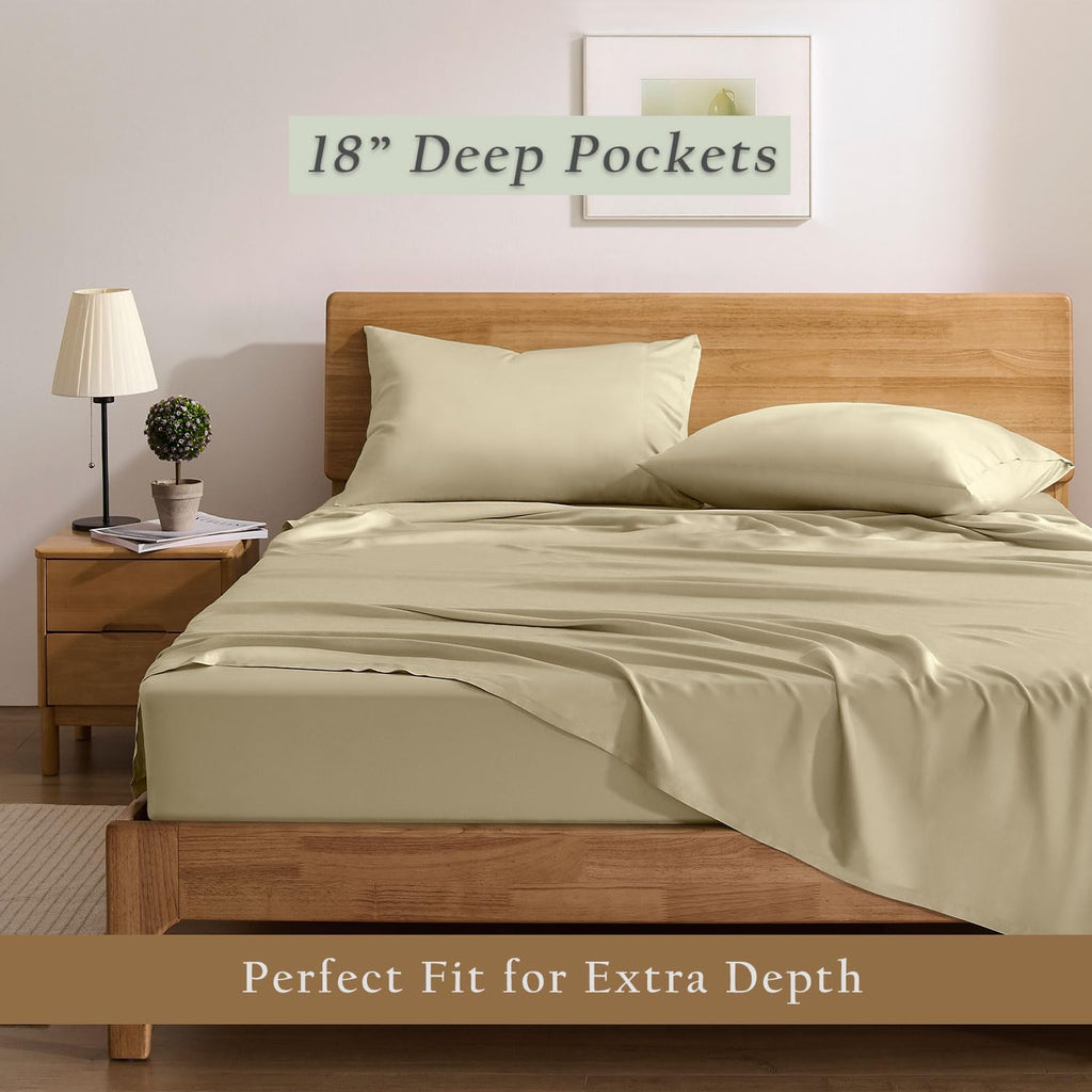 TOSMO Luxury Cooling Sheet Set | 100% Viscose from Organically Grown Bamboo | FSC® Certified | Queen Size | 18' Deep Pockets | Silky Soft Natural Bedding for Hot Sleeper [Dune]