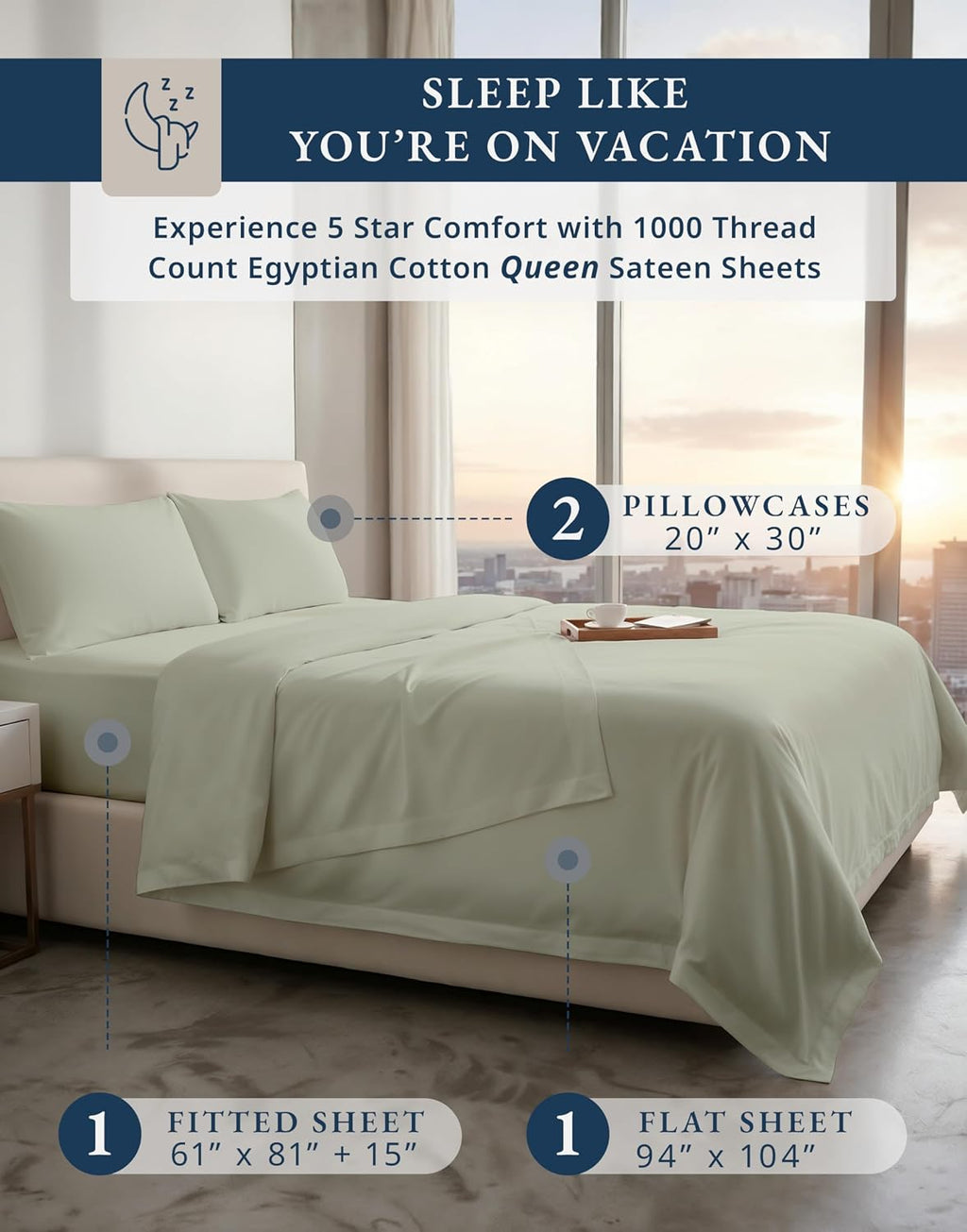 100% Egyptian Cotton Queen Bed Sheet Set – 1000 Thread Count 4 Piece Queen Sheets Set, Breathable & Fade Resistant, Silky Sateen Weave, Ultra-Soft Hotel Luxury Bedding with 15' Deep Pocket - Mineral