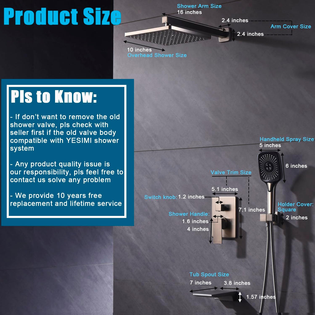 Shower System with Tub Spout 10 Inch Overhead Shower 4 Setting Handheld Spray Rough In Pressure Balance Valve Body with Trim Kit Wall Mounted Rainfall Bathtub Shower Faucet Set (Brushed Nickel)