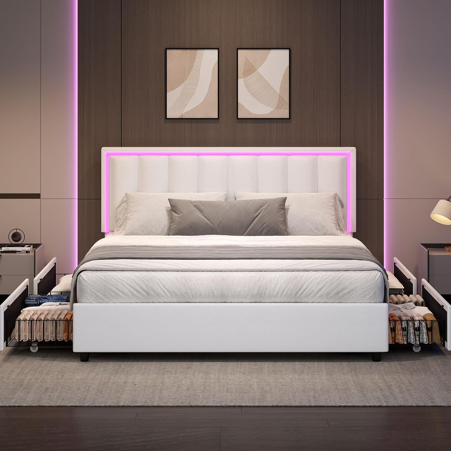 IMMERSTABLE Queen Size Bed Frame with Headboard and 4 Storage Drawers, Faux Leather Upholstered Platform Bed with LED Lights, Metal and Wood Slats, No Box Spring Needed, Easy Assembly, White