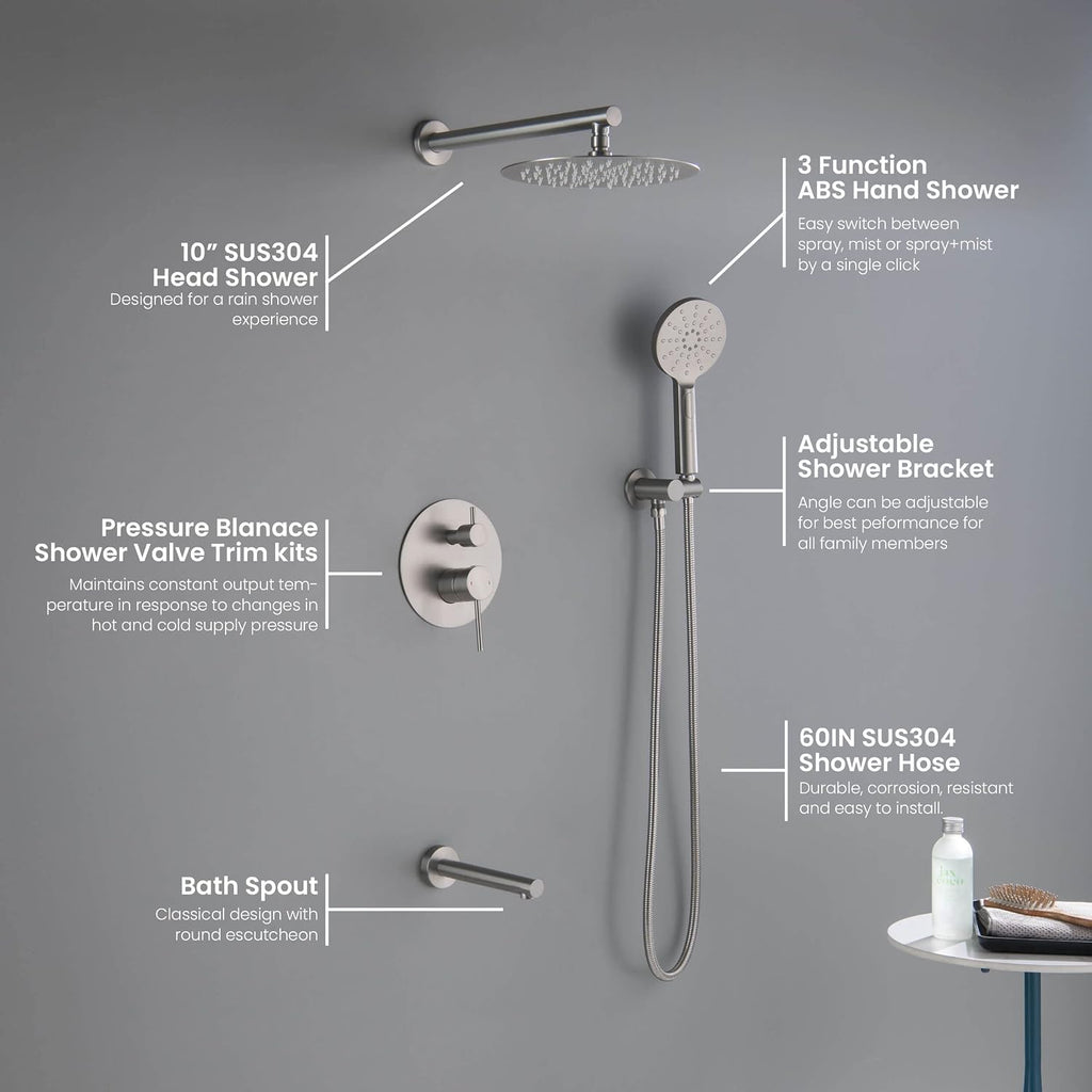 KIBI Circular Bathroom Shower System | 3-Function Wall Mounted Shower Faucet Set with Solid Brass Pressure Balanced Valve | Three Hand Shower Modes | 15-inch Long Shower Arm | Brushed Nickel (KSF404)