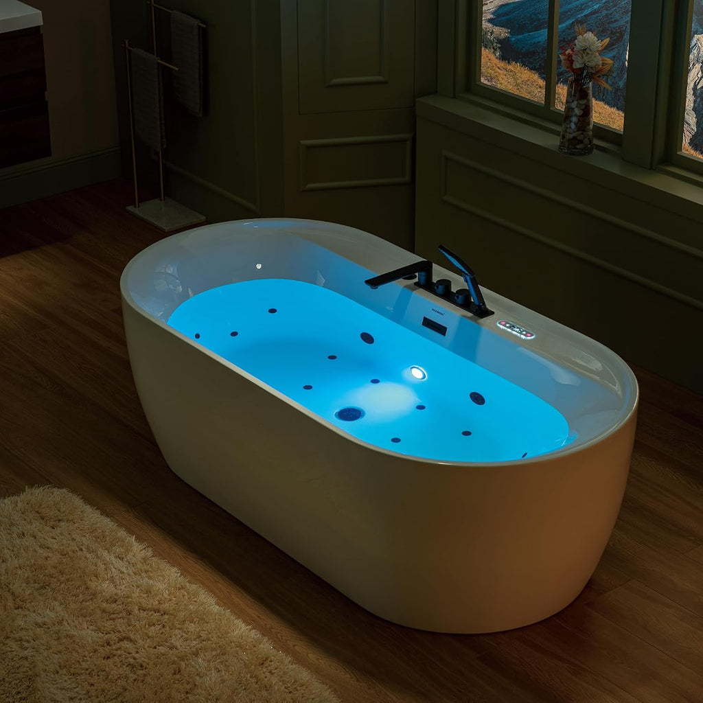WOODBRIDGE 72' x 35-3/8' Whirlpool and Air Bath Heated Soaking Combination Tub with Adjustable Speed Air Blower, Tub Filler, and LED control panel, Matte Black Finish Trim and Drain Kit, BM500+F0051MB