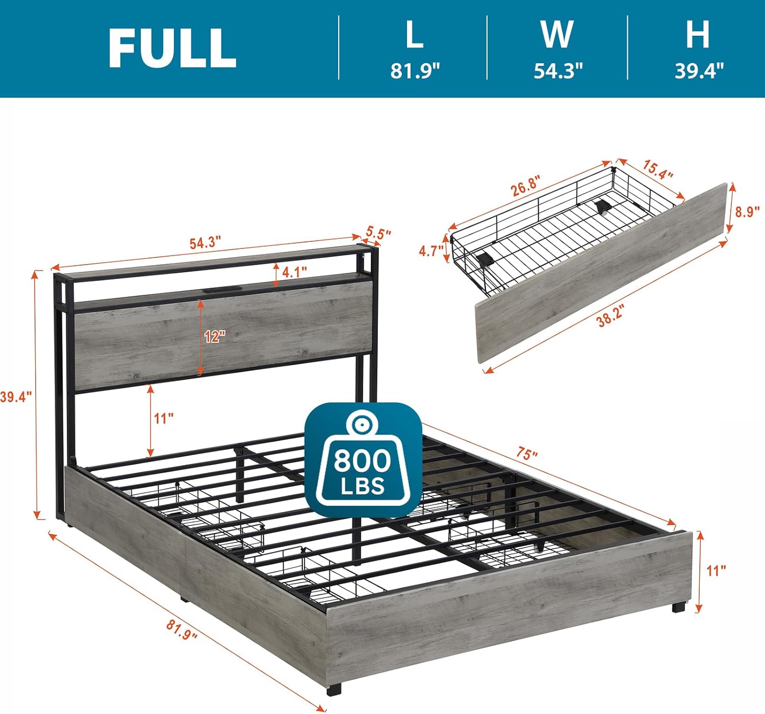Kiivakii Full Size Bed Frame with 4 Storage Drawers, LED Platform Bed Frames with Headboard, Built in Charging Station, Noise Free, Stable and Solid, No Box Spring Needed, Gray