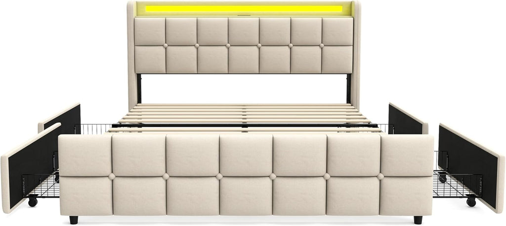 Modern LED Storage Bed with Charging Station All-Metal Platform Bed Frame Featuring 2-Tier Headboard, 4 Storage Drawers, and Easy Assembly(201-Beige, Queen)