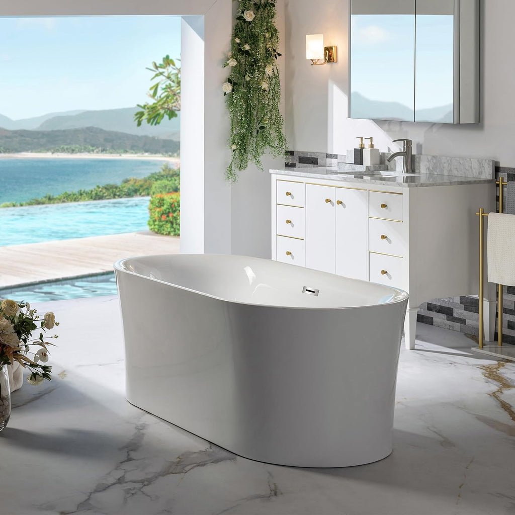 WOODBRIDGE 59' Acrylic Freestanding Bathtub Contemporary Soaking Tub with Brushed Nickel Overflow and Drain,White Tub,B0058-BN