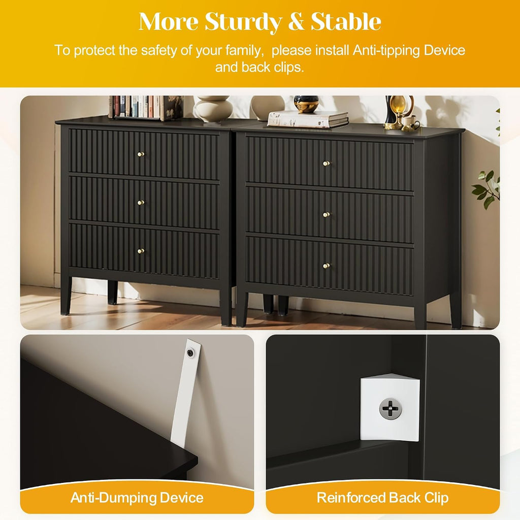 May in Color Large Black Fluted 3 Drawer Dresser Set of 2, Chest of Drawers with Ball Bearing Slide Modern 30 inch Tall Wood Nightstand with Spacious Storage for Bedroom Hallway Living Room Entryway