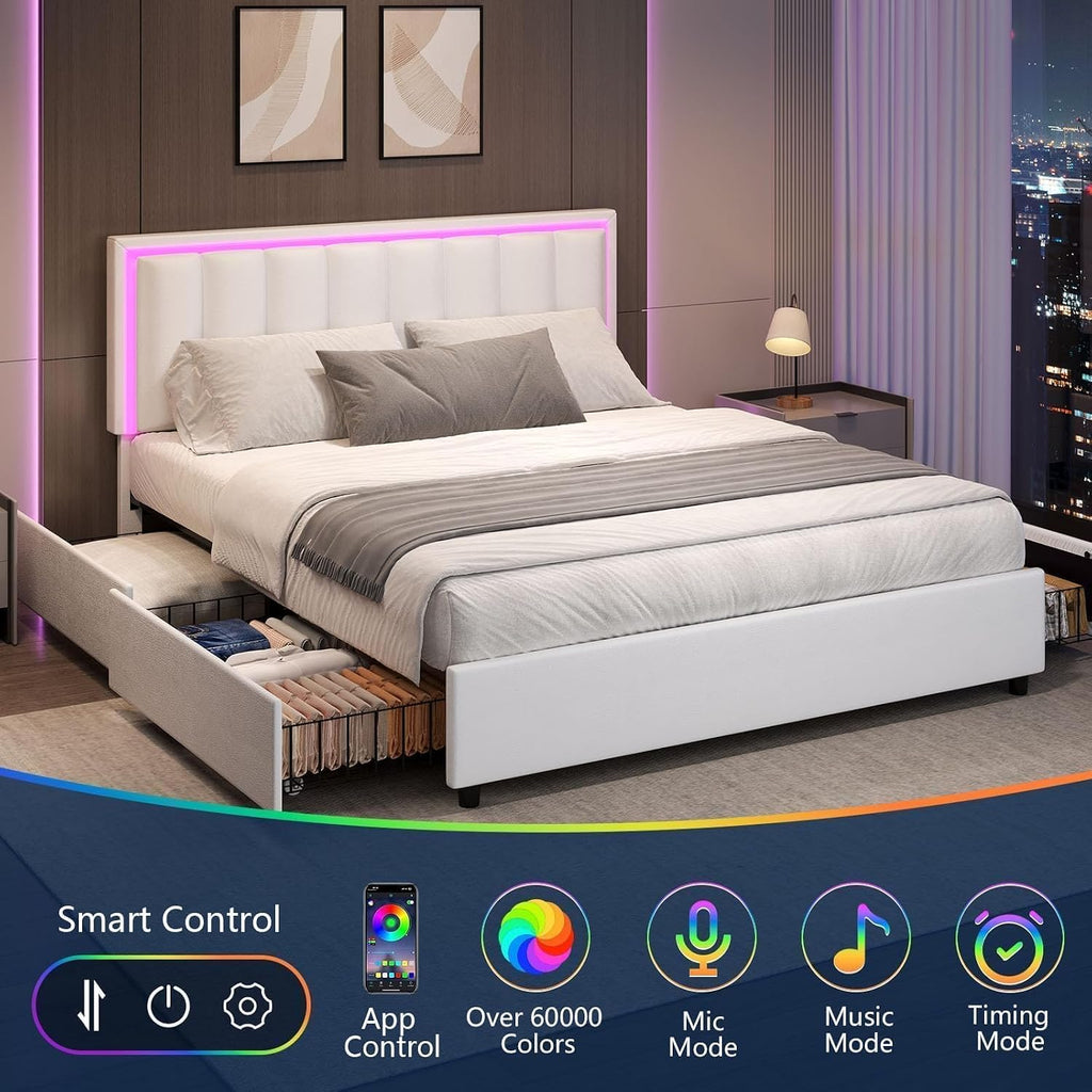 IMMERSTABLE Queen Size Bed Frame with Headboard and 4 Storage Drawers, Faux Leather Upholstered Platform Bed with LED Lights, Metal and Wood Slats, No Box Spring Needed, Easy Assembly, White