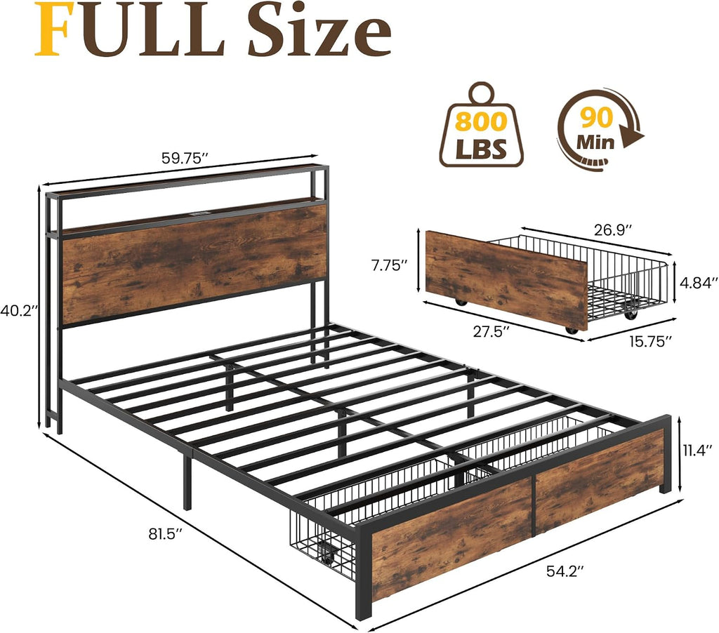 Lifezone Full Bed Frame with 2-Tier Storage Headboard, Metal Bed Frame with Storage Drawers & Built-in Charging Station & LED, Noise-Free, No Box Spring Needed, Easy Assembly, Rustic Brown