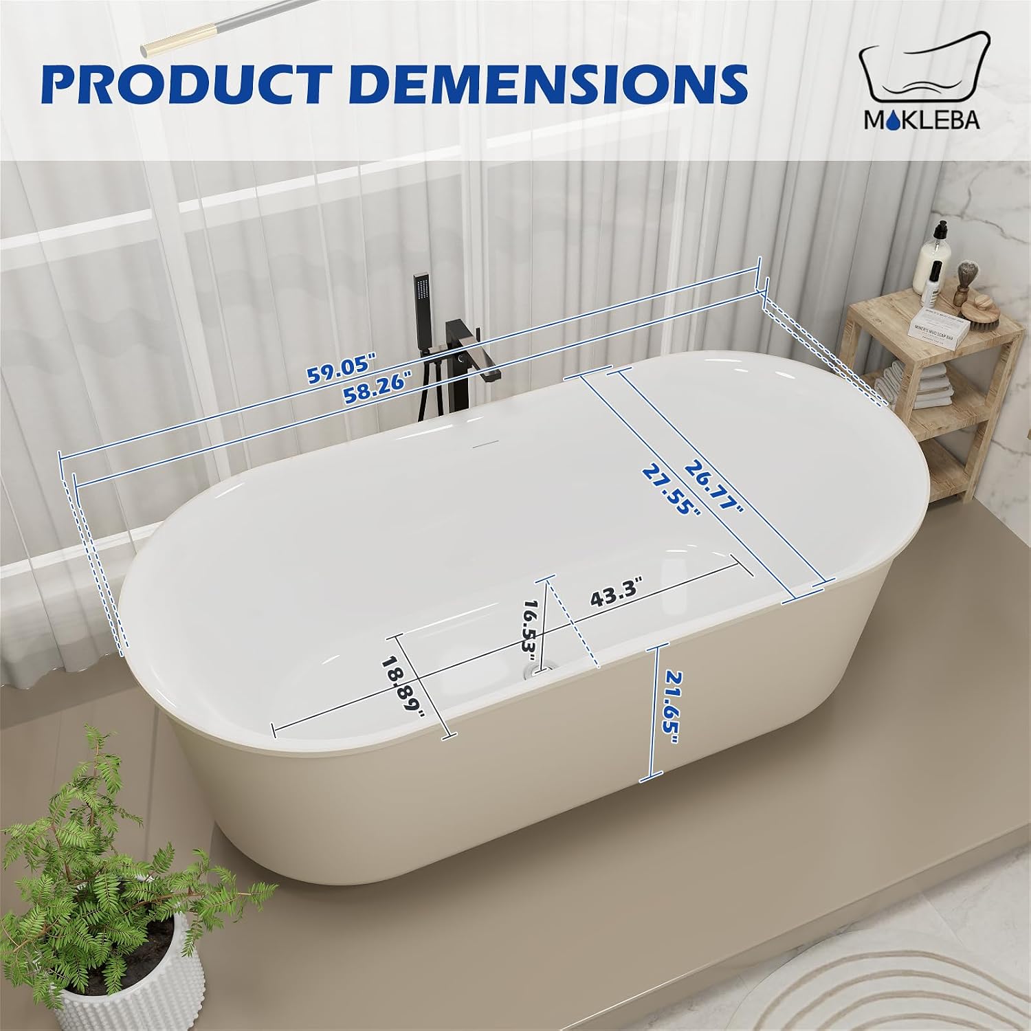 59' Solid Surface Resin Freestanding Bathtub, Double Ended Shape, Modern Deep Stone Resin Soaking Bathtub with Integrated Slotted Overflow, Toe-Tap Chrome Drain, cUPC Certified, Khaki