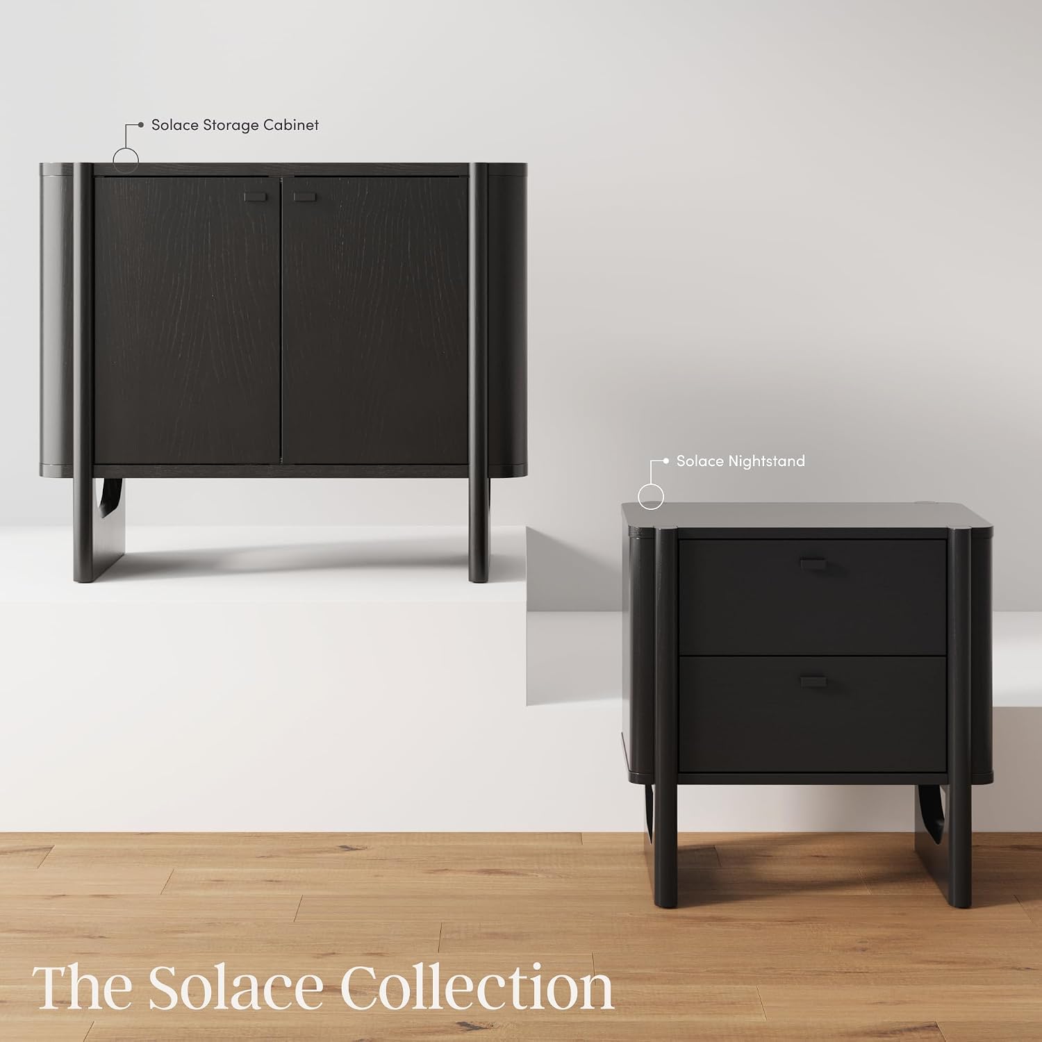 Nathan James Solace Mid Century Modern 2 Drawer Nightstand with Solid Wood Frame and Rounded Details, Black
