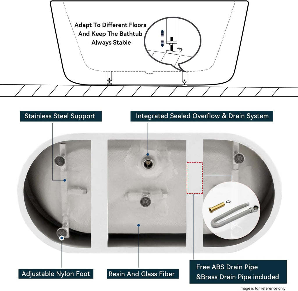 FerdY Shangri-La 59' Acrylic Freestanding Bathtub, Gracefully Shaped Soaking Bathtub, Glossy White, cUPC Certified, Brushed Nickel Drain & Minimalist Linear Design Overflow Included, 02522