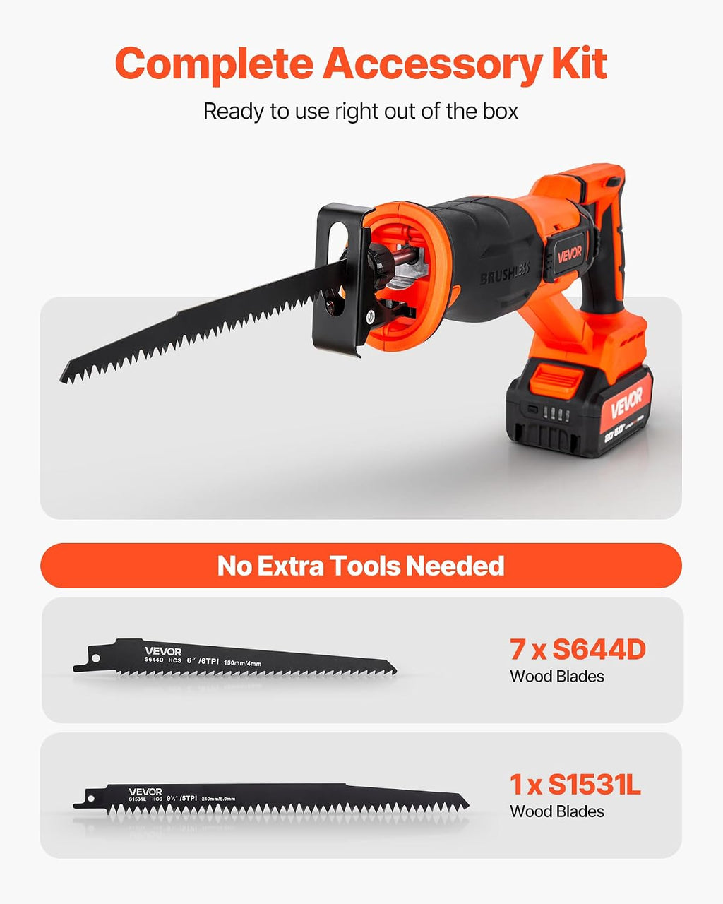VEVOR 20V Brushless Reciprocating Saw, Cordless Reciprocating Saw with Battery, 3000 SPM Variable Speed, 1' Stroke Length Charger, 8 Blades, and Carrying Bag, for Wood, Metal and Plastic Cutting