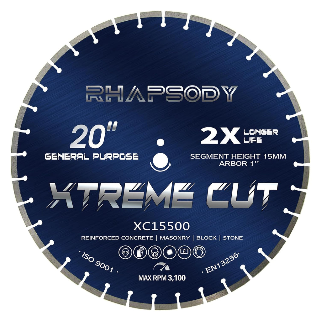 RHAPSODY 20 Inch Diamond Concrete Saw Blade, Segmented General Purpose Blade Dry/Wet Cutting Concrete, Reinforced Concrete, Masonry, Brick, Block,1' Arbor
