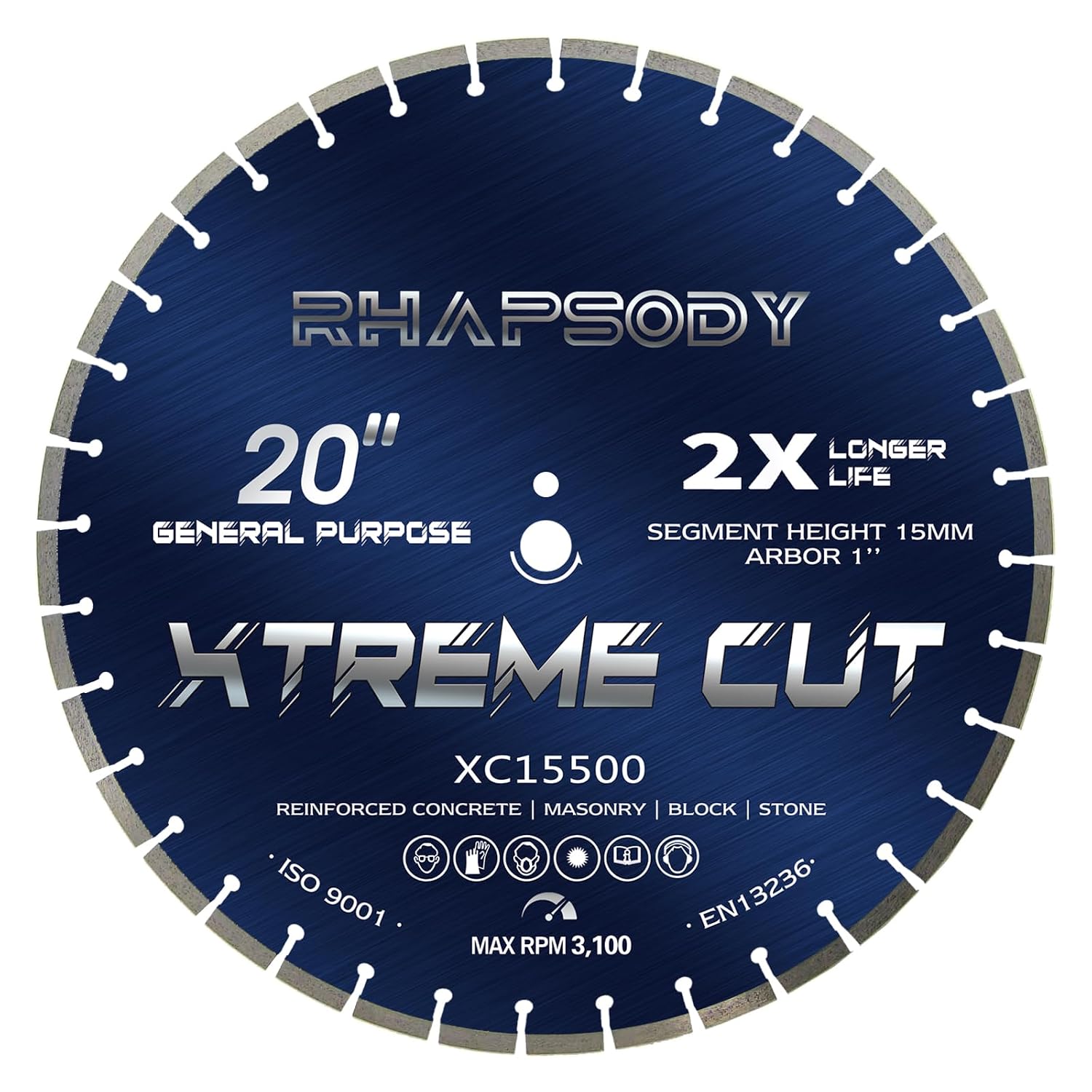 RHAPSODY 20 Inch Diamond Concrete Saw Blade, Segmented General Purpose Blade Dry/Wet Cutting Concrete, Reinforced Concrete, Masonry, Brick, Block,1' Arbor