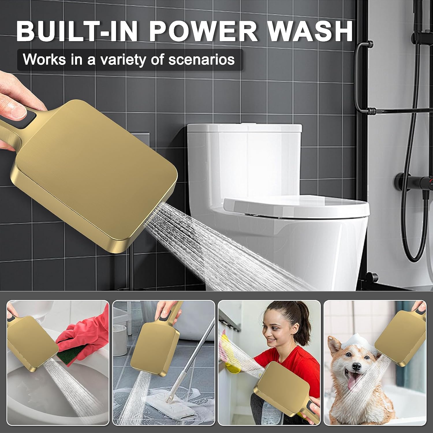 Iriber Thermostatic Shower System with Adjustable Water Flow Push Button Diverter, Square Dual Shower Heads Faucet Set with Handheld Spray, Brushed Gold Shower Mixer Valve Trim Kit (Valve Included)