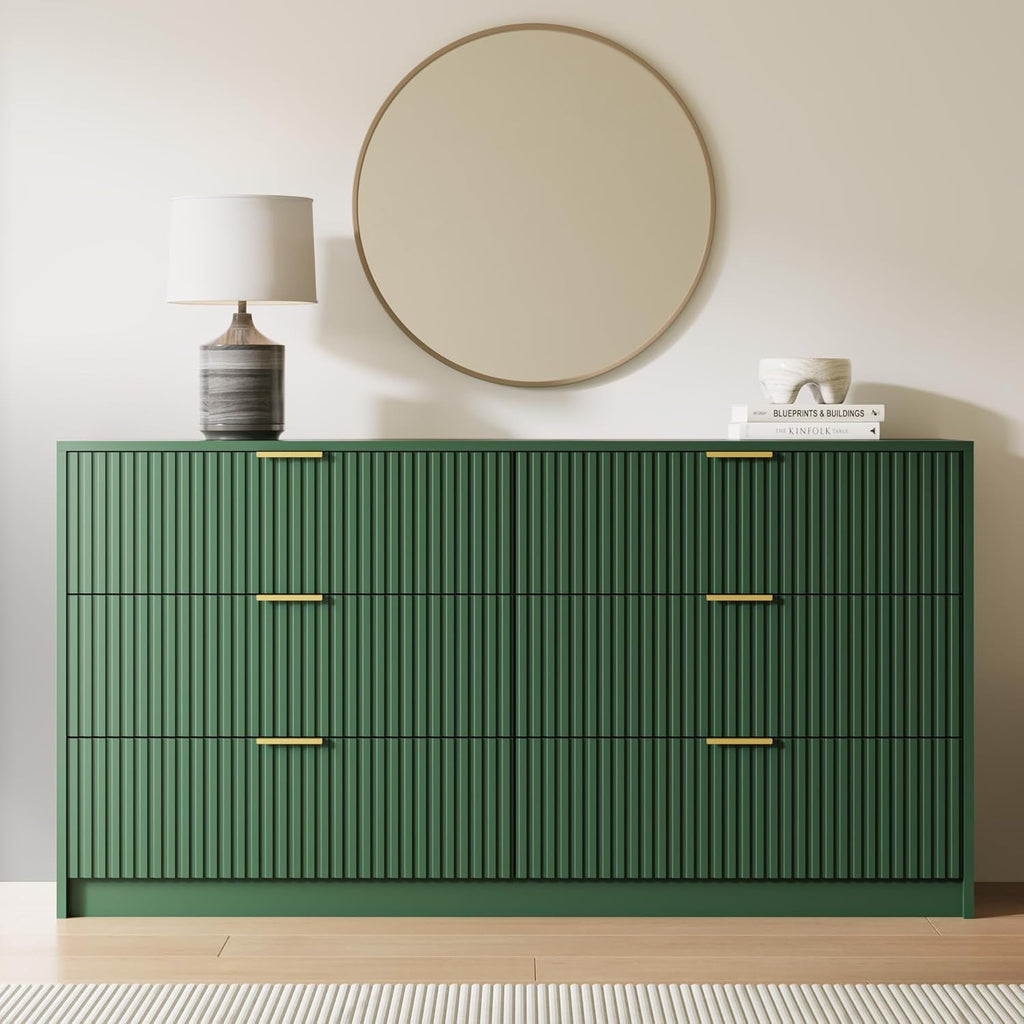 MAISONARIA 3-Piece Dresser Bedroom Set, 6 Drawer Dresser & 3 Drawer Nightstands with Gold Handles, Fluted Wood Chest of Drawers for Bedroom, Living Room, Entryway, Green