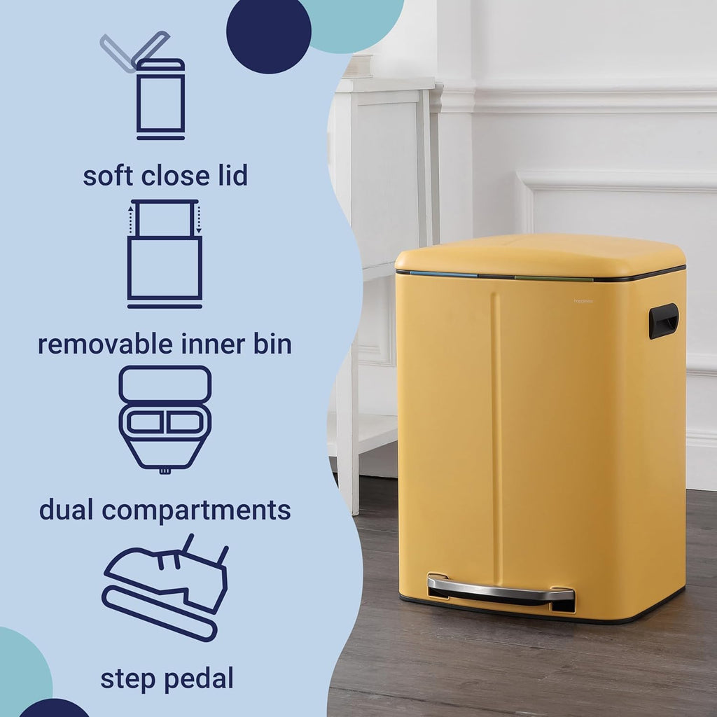 happimess HPM1005L Marco Rectangular 10.6-Gallon Double Bucket Trash Can with Soft-Close Lid, Daffodil Yellow, Fingerprint Resistant, Modern, Minimalistic for Home, Kitchen, Office, Bedroom, Bathroom