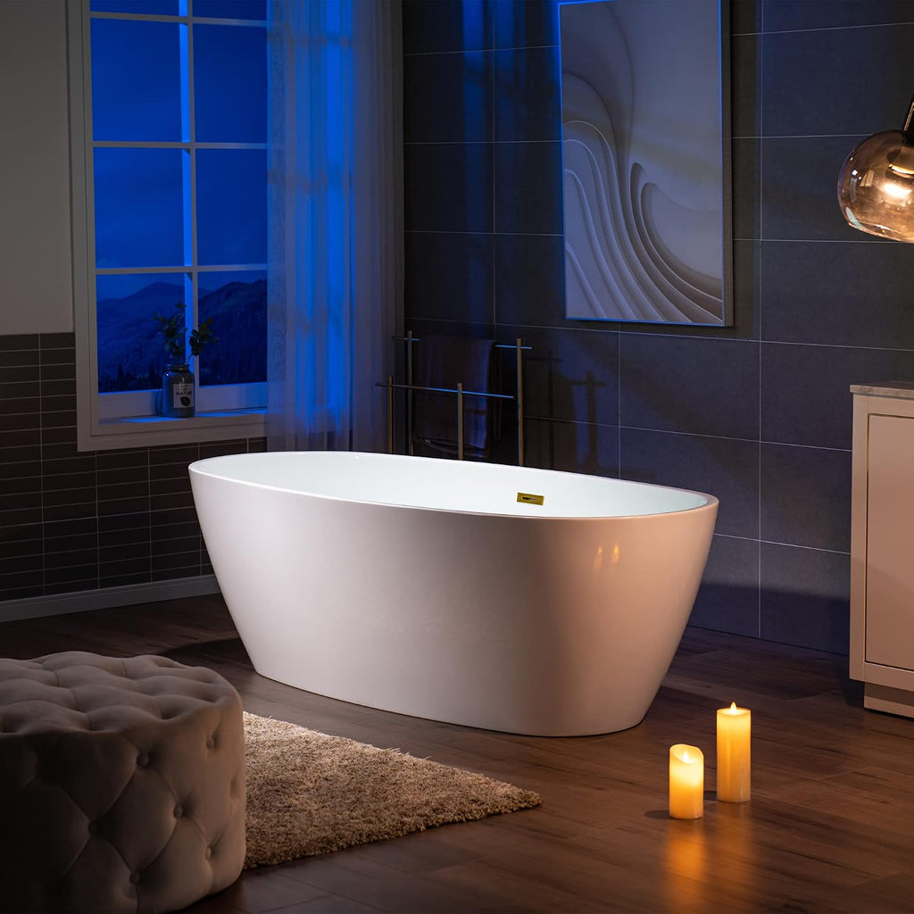 WOODBRIDGE 71' Acrylic Freestanding Bathtub Contemporary Soaking Tub, White Acrylic,Brushed Gold Drain/Overflow