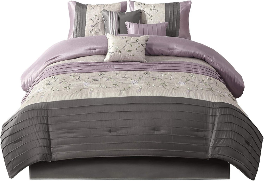 Madison Park Serene Faux Silk Comforter Set - Floral Embroidery Design, All Season Bedding Set, Matching Bed Skirt, Decorative Pillows, Purple Queen(90'x90') 7 Piece