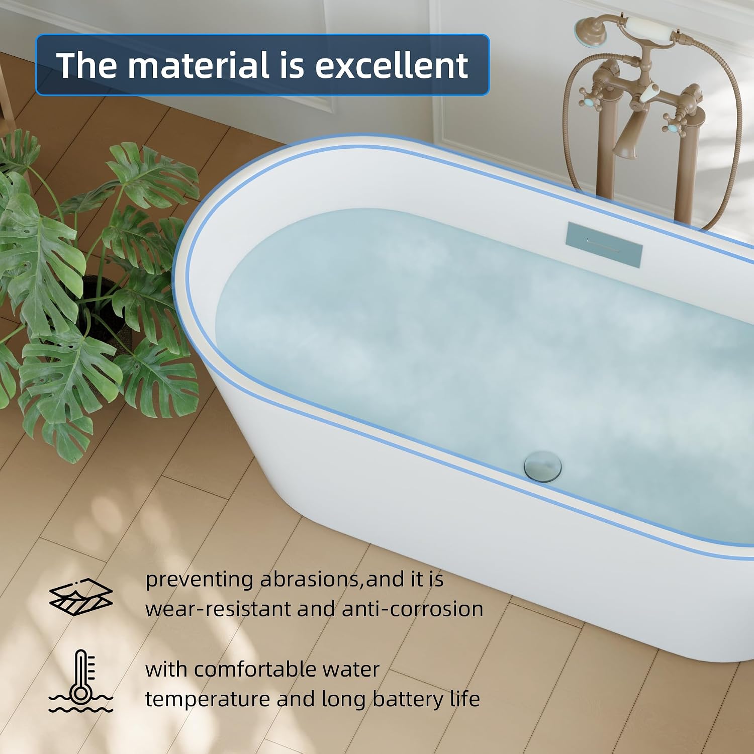 Acrylic Freestanding Bathtub, Deep Soaking Tub with Non-Slip Base, CUPC Certified Free Standing Tub, Chrome Drain Bath Tub, Modern Tub for Bathrooms, White, 59Inch