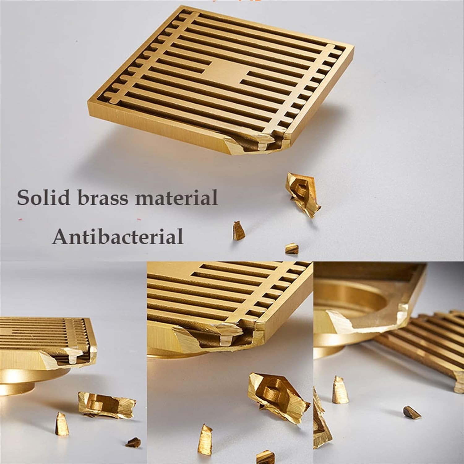 Square Shower Drain with Hair Strainer Brass Floor Drain for Kitchen Washroom Garage Basement Gold Finish 4 Inch